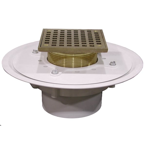 Jones Stephens 4in. Heavy Duty PVC Drain Base with 3-1/2in. Metal Spud and 5in. Polished Brass Strainer D50068 - main